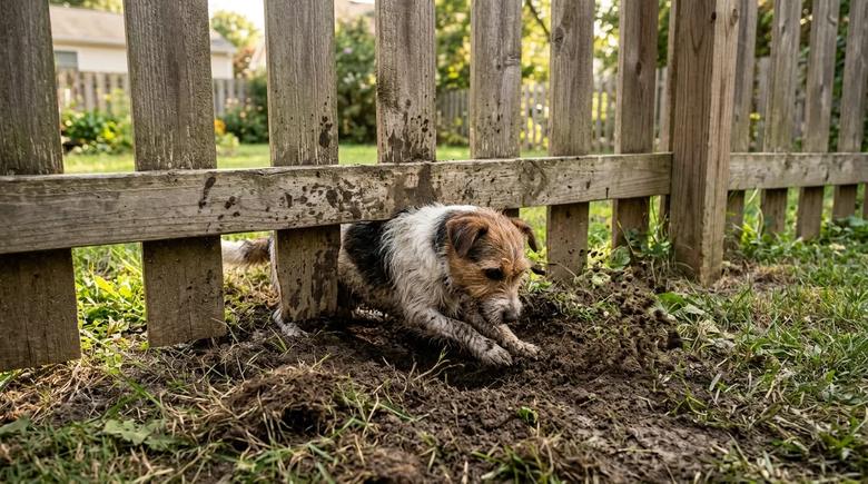 A terrier digging a hole and pushing under a wood picket fence