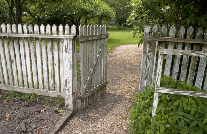 A wooden garden gate standing wide open to the yard beyond